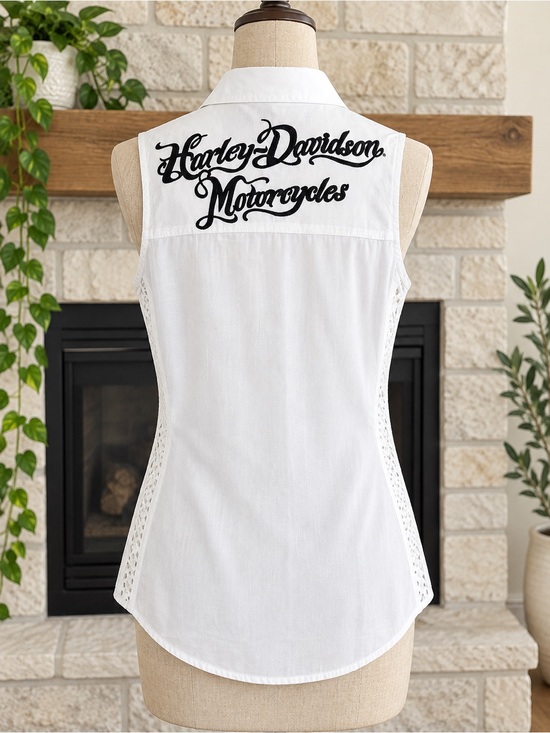 Harley-Davidson Tops - Harley-Davidson White Sleeveless Crochet Side Button-Up Blouse XS